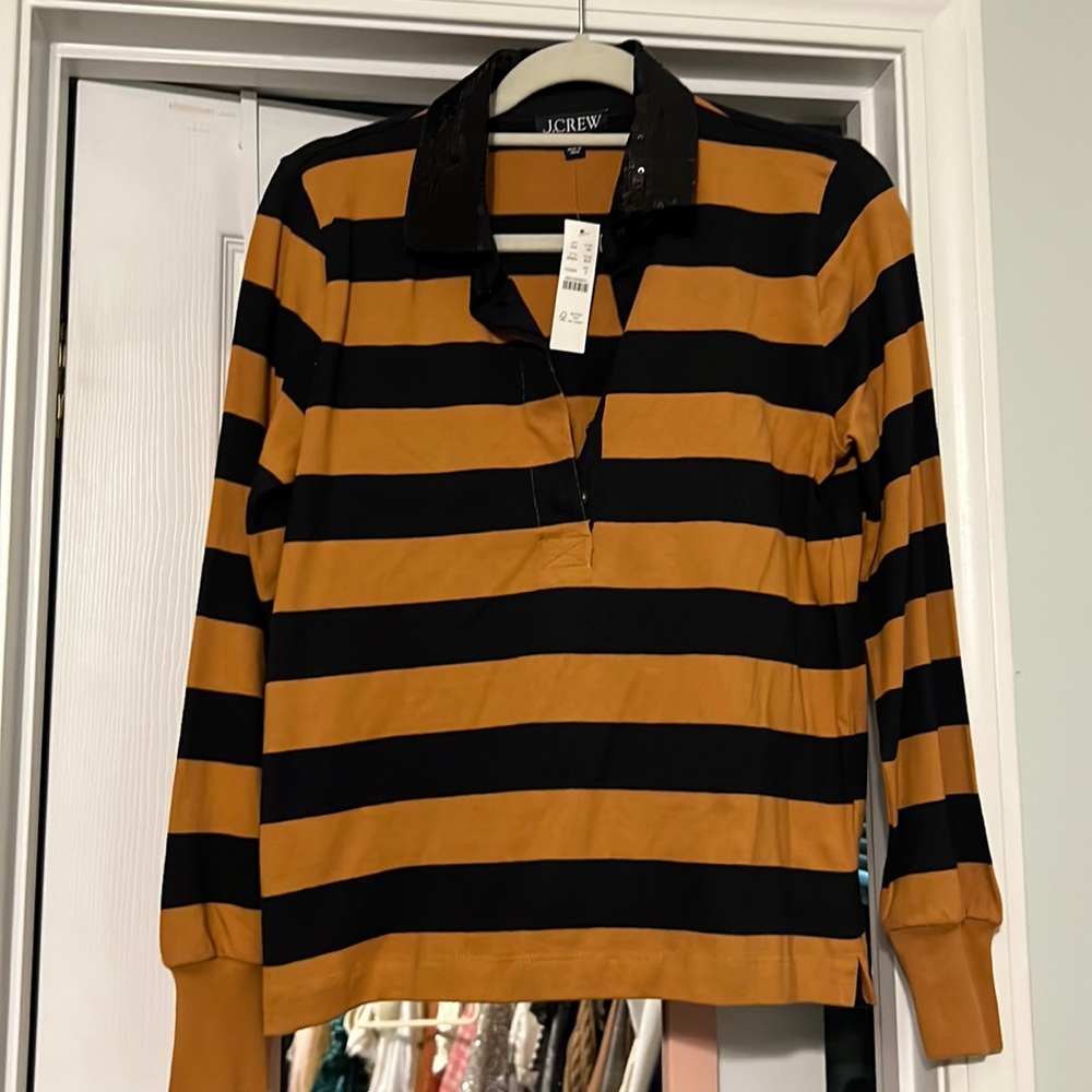 NWT JCrew Tan and Black Striped Rugby Shirt with Sequin Collar